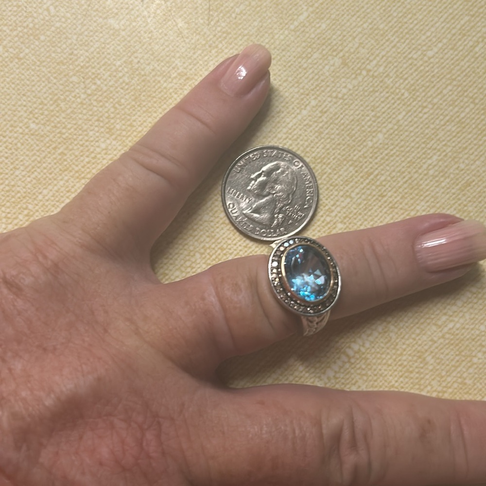 Stunning 925 Silver and 14k Gold Blue Topaz with Diamonds Ring - Picture 9 of 9